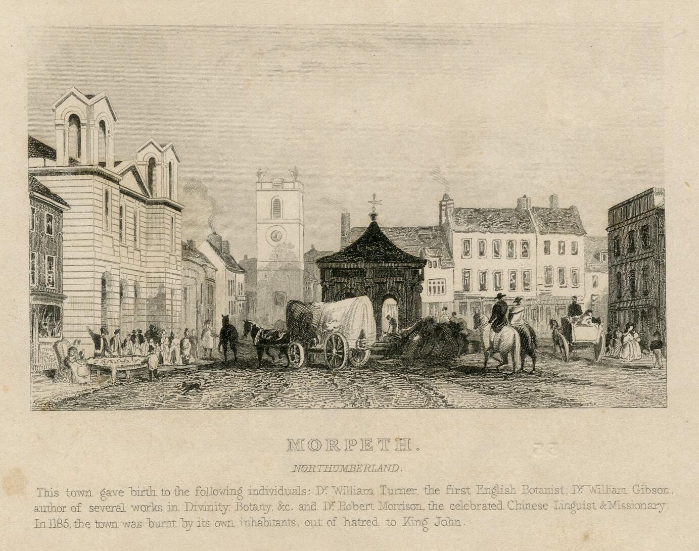 Historic engraving of Morpeth, Northumberland, featuring a town square with horse-drawn carts, ornate buildings, and townspeople.