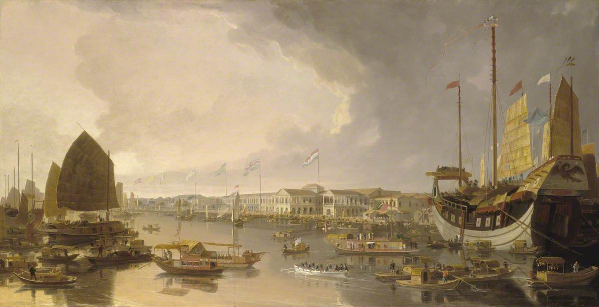 A bustling harbor scene with various boats, including traditional junks and western ships, set against a cloudy sky and city backdrop.