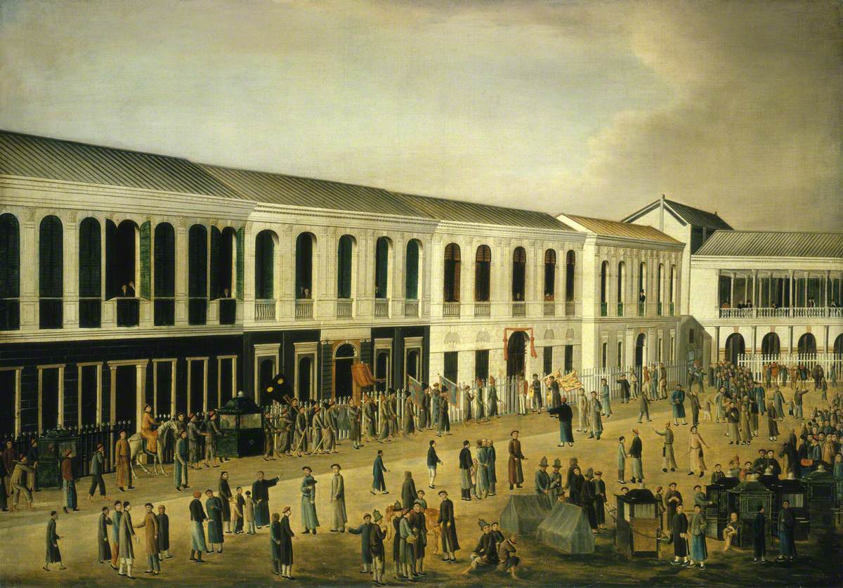 A historical scene depicting a bustling courtyard with crowds, buildings, and people in traditional attire.