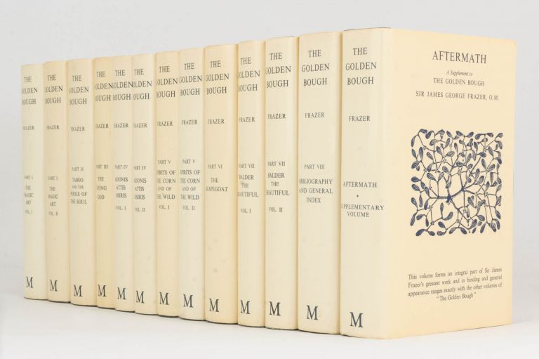 A collection of twelve hardcover volumes of The Golden Bough by Sir James George Frazer, featuring a cream-colored dust jacket.