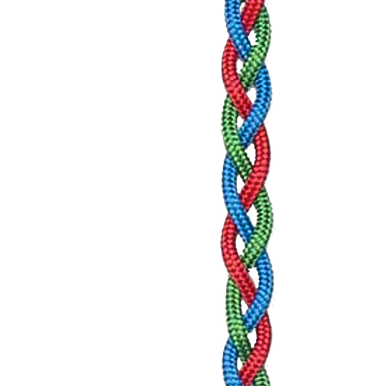 Colorful braided rope featuring intertwining red, blue, and green strands, creating a vibrant decorative pattern.