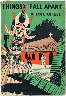 Cover of Things Fall Apart by Chinua Achebe, featuring vibrant colors, intricate patterns, traditional motifs, and a rural scene.